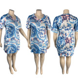 SC Plus Size Tie Dye Print V Neck Short Sleeve Mini Dress MUKF-053