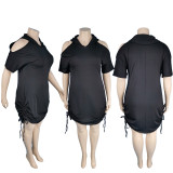 SC Plus Size Solid Cold Shoulder Drawstring Ruched Dress MUKF-054