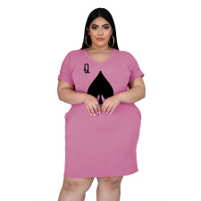 SC Plus Size Poker Print Short Sleeve Loose Dress MUKF-031