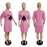 SC Plus Size Poker Print Short Sleeve Loose Dress MUKF-031