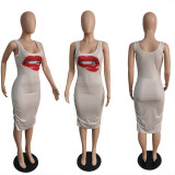 SC Lip Print Sleeveless Ruched Bodycon Dress MUKF-016