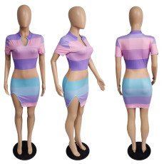 SC Sexy Striped Short Sleeve Split Mini Dress MUKF-039