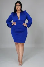 SC Plus Size Sexy Deep V Ruched Long Sleeve Bodycon Dress NNWF-7242