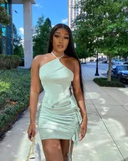 SC Solid Halter Crop Top Ruffled Mini Skirt 2 Piece Sets ZDF-31158
