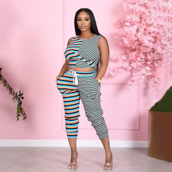 SC Casual Striped Sleeveless Two Piece Pants Set LSF-91175
