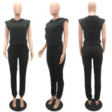 SC Solid Hooded Shoulder Pads Top And Pants 2 Piece Sets MAE-2114