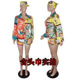SC Casual Printed Long Sleeve Shirt+Shorts 2 Piece Suits (With Hearscarf)YIY-53012