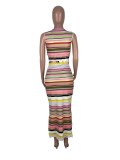 SC Large Size Sleeveless Contrast Color Striped Print Dress CXLF-KK841