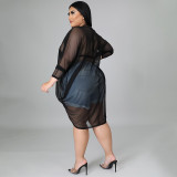 SC Plus Size Black Chiffon See Through Long Sleeve Blouse NNWF-7260