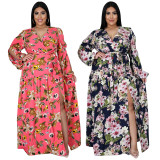 SC Plus Size Floral Print High Waist Big Swing Split Maxi Dress NNWF-7262