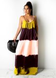 SC Printed Contrast Color Spaghetti Strap Loose Maxi Dress CXLF-KK840