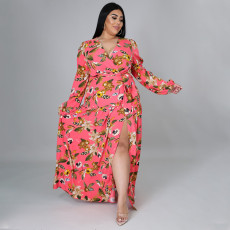 SC Plus Size Floral Print High Waist Big Swing Split Maxi Dress NNWF-7262