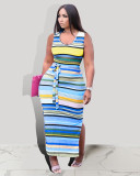 SC Large Size Sleeveless Contrast Color Striped Print Dress CXLF-KK841