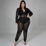 SC Plus Size Lace Perspective Bodysuit+Pants 2 Piece Sets NNWF-7264