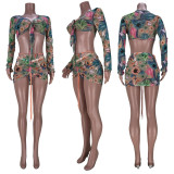 SC Floral Print Long Sleeve Mini Skirt 3 Piece Sets MDF-5225