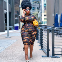SC Plus Size Camo Print Drawstring Ruched Midi Dress ONY-5100