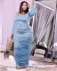 SC Plus Size Solid Square Collar Ruched Long Sleeve Maxi Dress XYF-9113