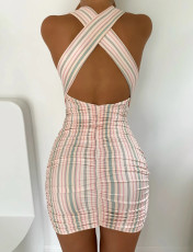 SC Sexy Striped V Neck Sleeveless Backless Mini Dress FST-FA7187