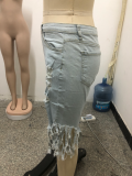SC Plus Size Denim Ripped Hole Tassel High Waist Half Length Jeans HSF-2516