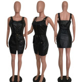 SC PU Leather Zipper Strap Mini Dress YUEM-66721