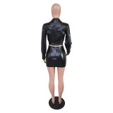 SC PU Leather Long Sleeve Top Mini Skirt 2 Piece Sets BS-1282