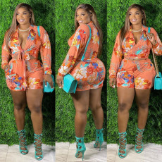 SC Plus Size Floral Print Sexy Long Sleeve Shorts Two Piece Sets FNN-8626
