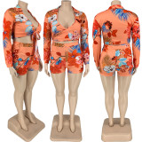 SC Plus Size Floral Print Sexy Long Sleeve Shorts Two Piece Sets FNN-8626