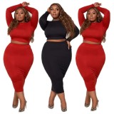 SC Plus Size Solid Long Sleeve Midi Skirt Two Piece Sets LP-66308