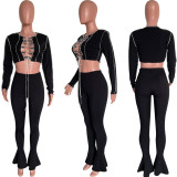 SC Sexy Lace-Up Long Sleeve Top Flared Pants 2 Piece Sets HMS-5497