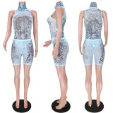 SC Sexy Mesh Printed Half High Neck Bodysuit And Shorts Two Piece Sets ASL-6370
