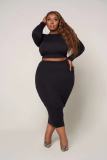 SC Plus Size Solid Long Sleeve Midi Skirt Two Piece Sets LP-66308