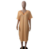 SC Plus Size Casual Striped Short Sleeve Midi Dress FST-7229