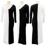 SC Plus Size Contrast Color V Neck Long Sleeve Maxi Dress BMF-076