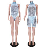 SC Sexy Mesh Printed Half High Neck Bodysuit And Shorts Two Piece Sets ASL-6370