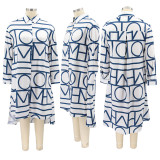 SC Plus Size Geometric Print Long Sleeve Shirt Dress BMF-074