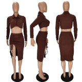 SC Solid Long Sleeve Crop Top Drawstring Skirt 2 Piece Sets NM-8378