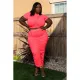 SC Plus Size Fashion Solid Color Ruched Short Sleeve Long Skirt Suits ASL-7029