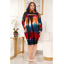 SC Plus Size Fashion Sexy Tie-dye Printed Hollow Midi Dress ASL-7038