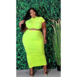 SC Plus Size Fashion Solid Color Ruched Short Sleeve Long Skirt Suits ASL-7029