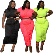 SC Plus Size Fashion Solid Color Ruched Short Sleeve Long Skirt Suits ASL-7029