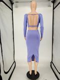 SC Solid Backless Long Sleeve Crop Top Split Skirt 2 Piece Sets NLAF-6088