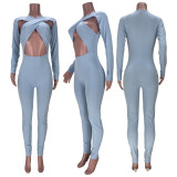 SC Sexy Solid Long Sleeve Hollow Out Jumpsuit MDF-5254