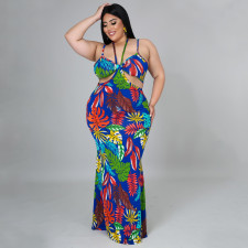 SC Plus Size Floral Print Backless Sling Maxi Dress NNWF-7280