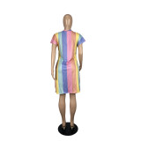 SC Rainbow Stripe Print V Neck Short Sleeve Loose Dress CHY-1334