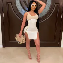 SC Sexy Sleeveless Zipper Split Bodycon Mini Dress CHY-1338