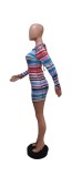 SC Colorful Striped Long Sleeve Backless Mini Dress YUEM-66722