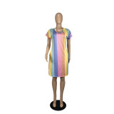 SC Rainbow Stripe Print V Neck Short Sleeve Loose Dress CHY-1334