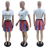 SC Casual Printed T Shirt Pleated Mini Skirt 2 Piece Sets YNB-7212
