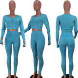SC Solid Fitness Yoga Long Sleeve High Waist Pants 2 Piece Sets YIDF-81336