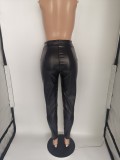 SC Plus Size Black PU Leather Belted Skinny Pants BLI-2512